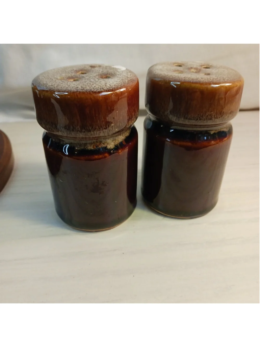 VTG Brown Drip Glaze Salt Pepper Lazy Susan Oil Vinegar Cruet Set No Lids
